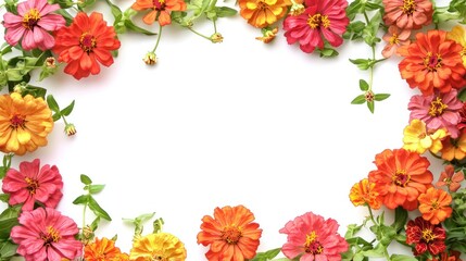 A rectangular frame of vibrant zinnias and marigolds with green vines, cheerful and lively, on a clean white background