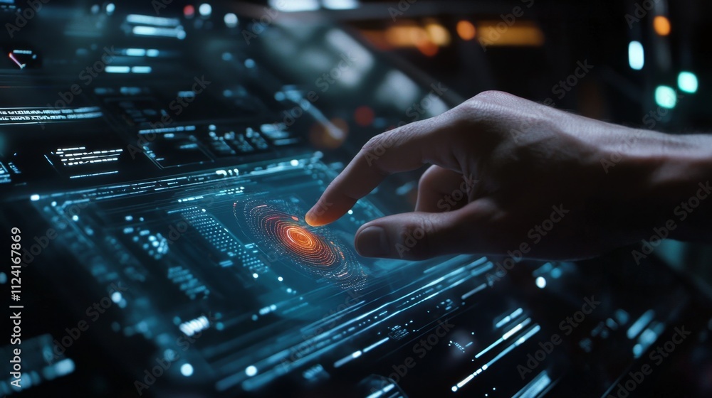 Poster futuristic technology interaction sci-fi environment digital interface close-up view data manipulati