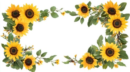 A rectangular wedding frame decorated with bright yellow sunflowers isolated on a white background