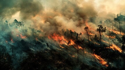 Naklejka premium Forest fire devastation in tropical region nature photography aerial view environmental impact awareness