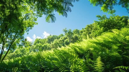 Gentle breeze sways lush green ferns on a hillside nature scene woodland serenity bright blue sky viewpoint tranquil concept