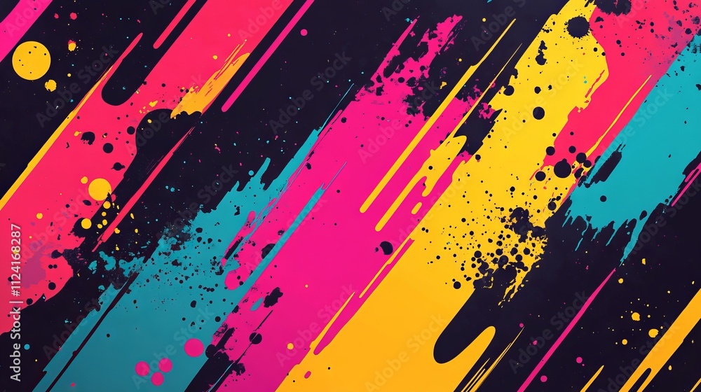 Poster vibrant abstract pop art colorful paint splash pattern background with memphis geometric shapes and 