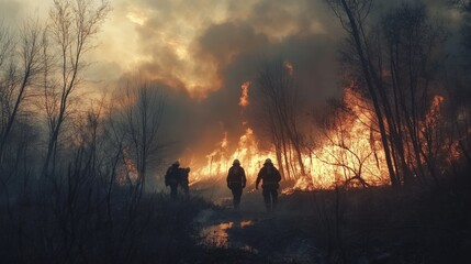 Fototapeta premium Brave firefighters combat wildfire forest region dramatic scene fiery environment action-packed perspective environmental crisis