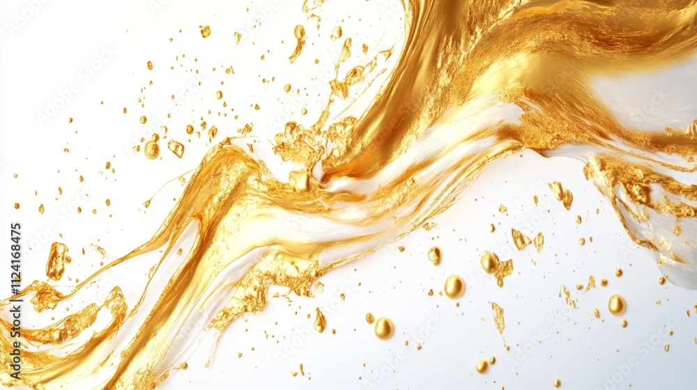Poster fluid motion of golden liquid abstract art visual display studio environment close-up view luxurious