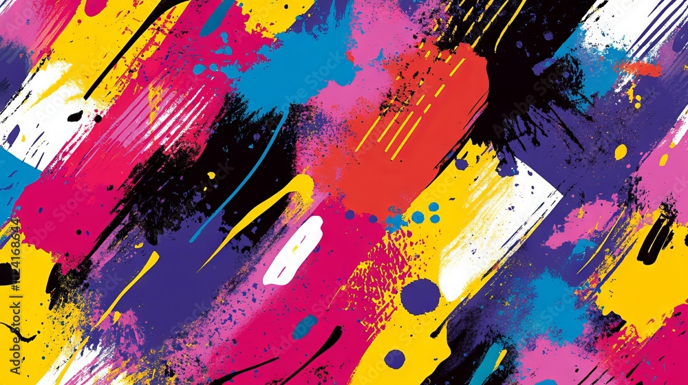 Poster vibrant abstract pop art colorful paint splash pattern background with memphis geometric shapes and 