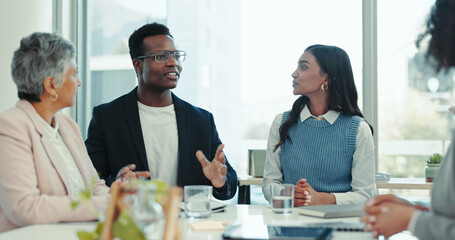 Teamwork, discussion and planning with business people in meeting for feedback, brainstorming and public relations. Workflow, project management and media campaign with employees in office for idea