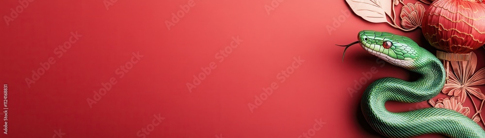 Poster a vibrant green snake rests against a bold red backdrop, surrounded by textured elements, creating a