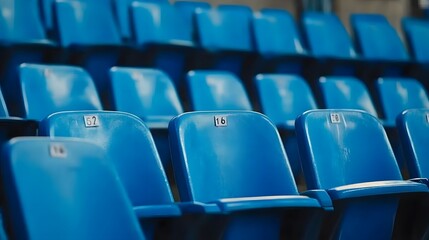 Fototapeta premium Rows of blue stadium seats with seat numbers visible