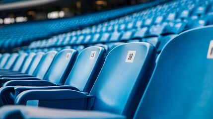 Fototapeta premium Rows of blue stadium seats with seat numbers visible