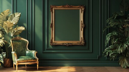 Gold ornate frame in a luxurious Victorian room with deep green walls 
