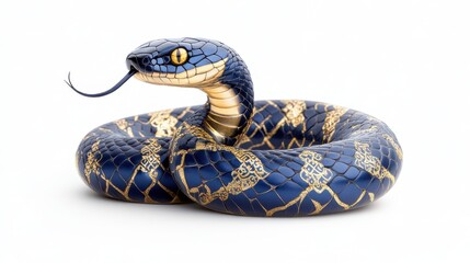 Fototapeta premium A striking blue and gold snake coiled elegantly, showcasing intricate patterns and a menacing gaze, with its tongue flickering.