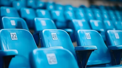 Obraz premium Rows of blue stadium seats with seat numbers visible