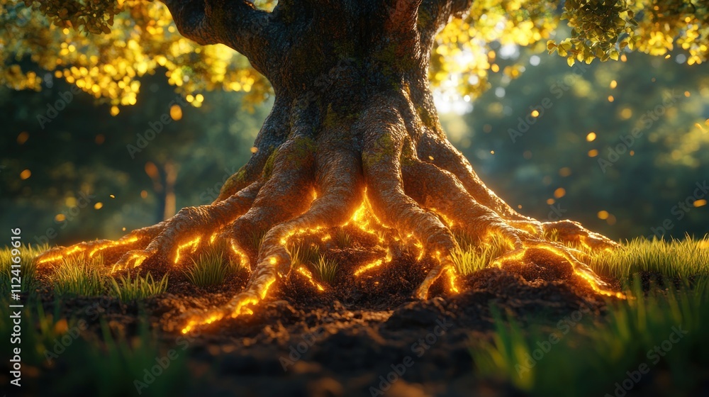 Poster a mystical tree with glowing roots in a serene forest setting.
