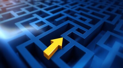 Abstract blue maze with a golden arrow pointing towards the solution, symbolizing problem-solving, strategy, success, decision-making, and navigating challenges in business and life

