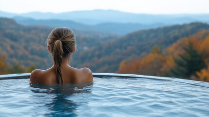 Fototapeta premium Back view of a serene woman relaxing in a steaming jacuzzi at sunset surrounded by nature evoking tranquility and escape symbolizes harmony rejuvenation self-care and connection with natural beauty