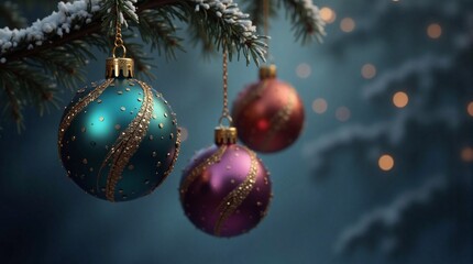 Fototapeta premium Christmas card with colorful Christmas tree balls on blurred New Year lights background, high detail, light effects. Copy space for text - generative AI