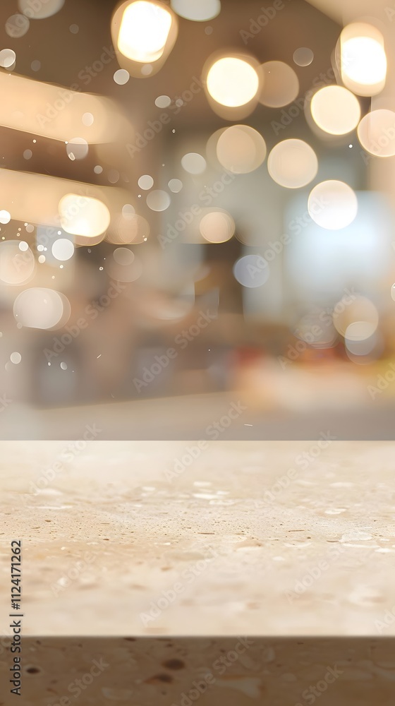 Poster a blurred background of a caf? setting with soft lighting and a textured surface in the foreground.