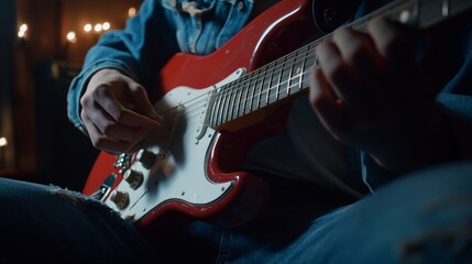 Obraz premium Male musician playing red electric guitar in dimly lit room