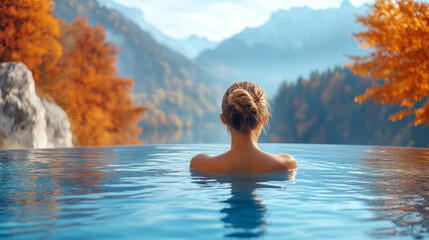 Back view of a serene woman relaxing in a steaming jacuzzi at sunset surrounded by nature evoking tranquility and escape symbolizes harmony rejuvenation self-care and connection with natural beauty