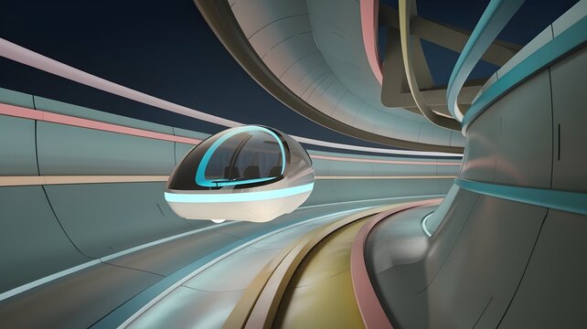 Glowing minimalist hyperloop pod traveling through curved abstract track