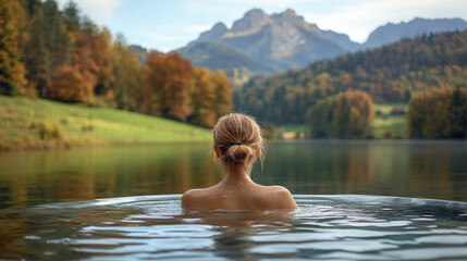 Fototapeta premium Back view of a serene woman relaxing in a steaming jacuzzi at sunset surrounded by nature evoking tranquility and escape symbolizes harmony rejuvenation self-care and connection with natural beauty