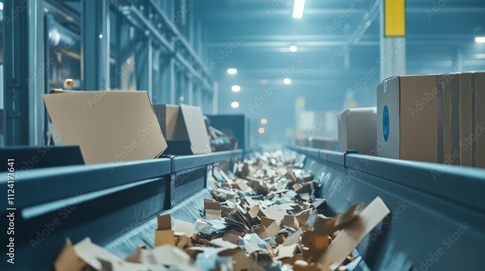 Poster automated sorting process of cardboard waste in industrial facility inside warehouse image capture t