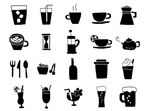 飲み物関連のゆるい手描きアイコンのセット_黒ベタ