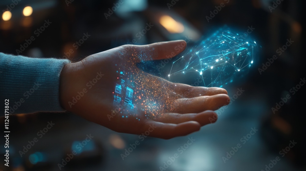 Poster captivating holographic projection of data manipulation futuristic laboratory digital art high-tech 