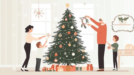 Grandparents and grandchildren decorating a Christmas tree together