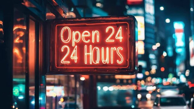 A neon sign that says Open 24 Hours