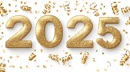 Shiny Gold Glitter '2025' Numbers on White Background with Golden Confetti, Creating a Festive and Joyful Flat Lay Composition in High-Resolution Vector Illustration