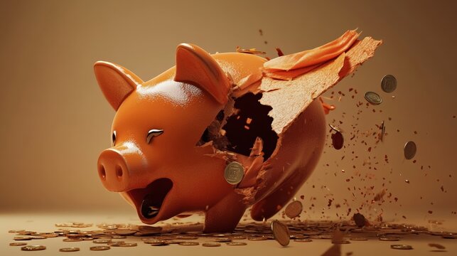 Broken piggy bank with coins scattered around, symbolizing financial struggle and the need for careful budgeting and saving.