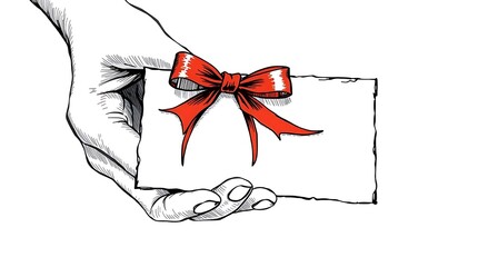 Elegant gift card with a red ribbon held in a hand, symbolizing celebration, special occasions, surprises, giving, and the joy of gifting for holidays, birthdays, and anniversaries

