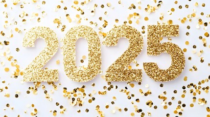 Shiny Gold Glitter '2025' Numbers on White Background with Golden Confetti, Creating a Festive and Joyful Flat Lay Composition in High-Resolution Vector Illustration