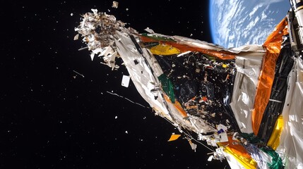 Orbital cleanup illustration depicting a futuristic spacecraft removing debris from Earth's orbit, emphasizing the importance of space sustainability and environmental responsibility.