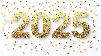 Shiny Gold Glitter '2025' Numbers on White Background with Golden Confetti, Creating a Festive and Joyful Flat Lay Composition in High-Resolution Vector Illustration