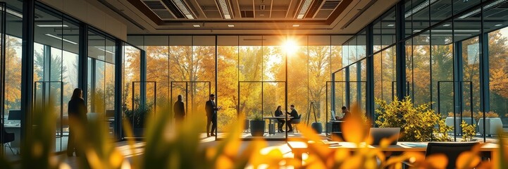 A modern office space with large windows showcasing autumn foliage and people engaged in work.