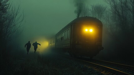 Mysterious train in fog with two silhouetted figures at night