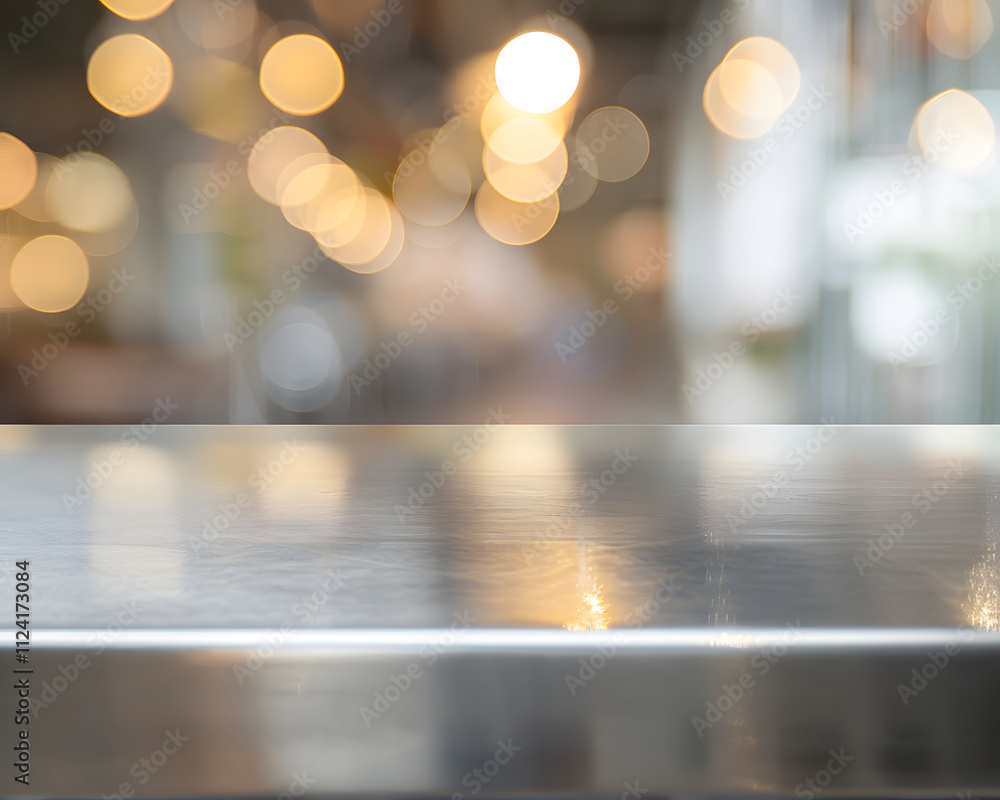 Poster a blurred background with a shiny metallic surface in focus, suggesting a dining or caf? setting.
