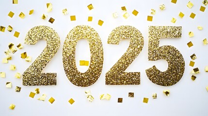 Shiny Gold Glitter '2025' Numbers on White Background with Golden Confetti, Creating a Festive and Joyful Flat Lay Composition in High-Resolution Vector Illustration