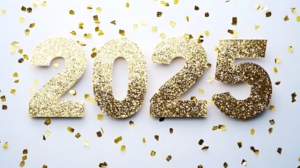 Shiny Gold Glitter '2025' Numbers on White Background with Golden Confetti, Creating a Festive and Joyful Flat Lay Composition in High-Resolution Vector Illustration