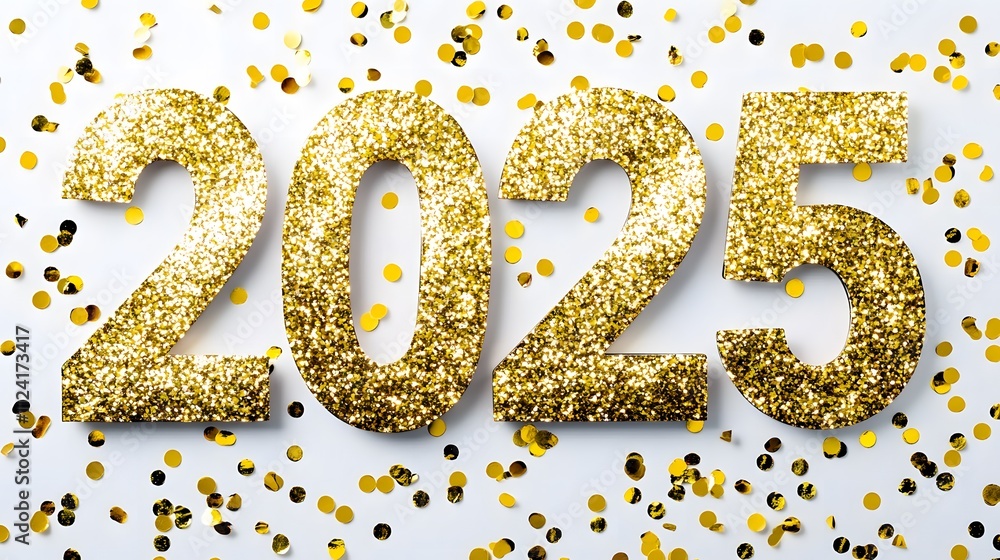 Wall mural Shiny Gold Glitter '2025' Numbers on White Background with Golden Confetti, Creating a Festive and Joyful Flat Lay Composition in High-Resolution Vector Illustration