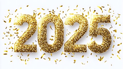 Shiny Gold Glitter '2025' Numbers on White Background with Golden Confetti, Creating a Festive and Joyful Flat Lay Composition in High-Resolution Vector Illustration