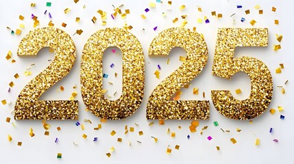 Shiny Gold Glitter '2025' Numbers on White Background with Golden Confetti, Creating a Festive and Joyful Flat Lay Composition in High-Resolution Vector Illustration