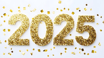 Shiny Gold Glitter '2025' Numbers on White Background with Golden Confetti, Creating a Festive and Joyful Flat Lay Composition in High-Resolution Vector Illustration
