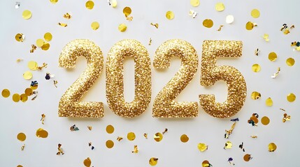 Shiny Gold Glitter '2025' Numbers on White Background with Golden Confetti, Creating a Festive and Joyful Flat Lay Composition in High-Resolution Vector Illustration