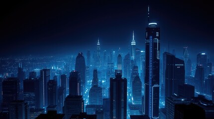 Obraz premium A nighttime cityscape illuminated in blue tones, showcasing skyscrapers and urban architecture.