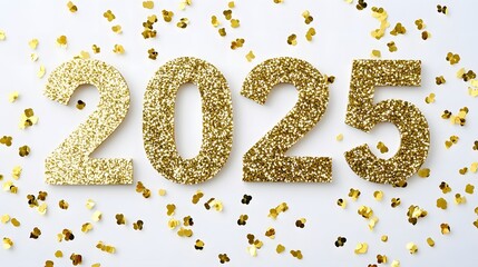 Shiny Gold Glitter '2025' Numbers on White Background with Golden Confetti, Creating a Festive and Joyful Flat Lay Composition in High-Resolution Vector Illustration