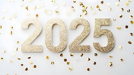 Shiny Gold Glitter '2025' Numbers on White Background with Golden Confetti, Creating a Festive and Joyful Flat Lay Composition in High-Resolution Vector Illustration