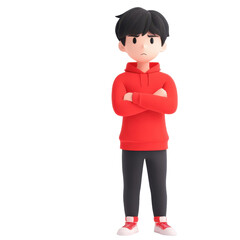 A young cartoon character wearing a red hoodie and black pants stands with arms crossed, displaying a thoughtful expression.